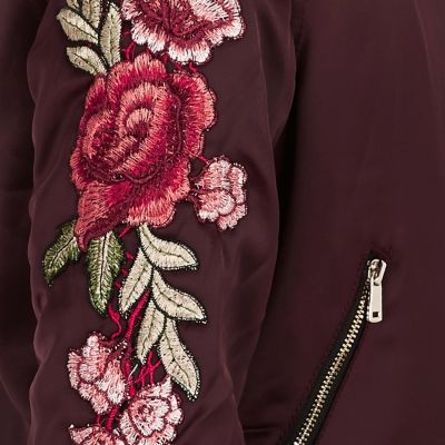 Girls dark red floral appliqu&#233; bomber jacket